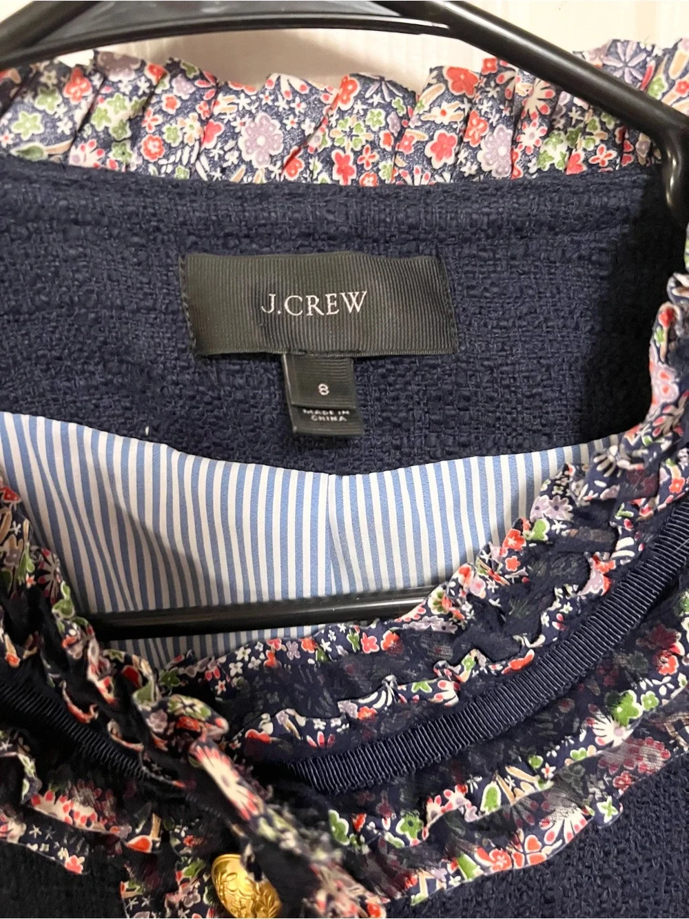 J. Crew Lady Jacket Tweed Blazer cotton silk Floral Trim Navy Blue size 8